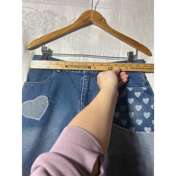 Vintage Jean Skirt 9 10 Patchwork Hearts Pencil Knee Length Distressed Juke Box - Picture 8 of 14
